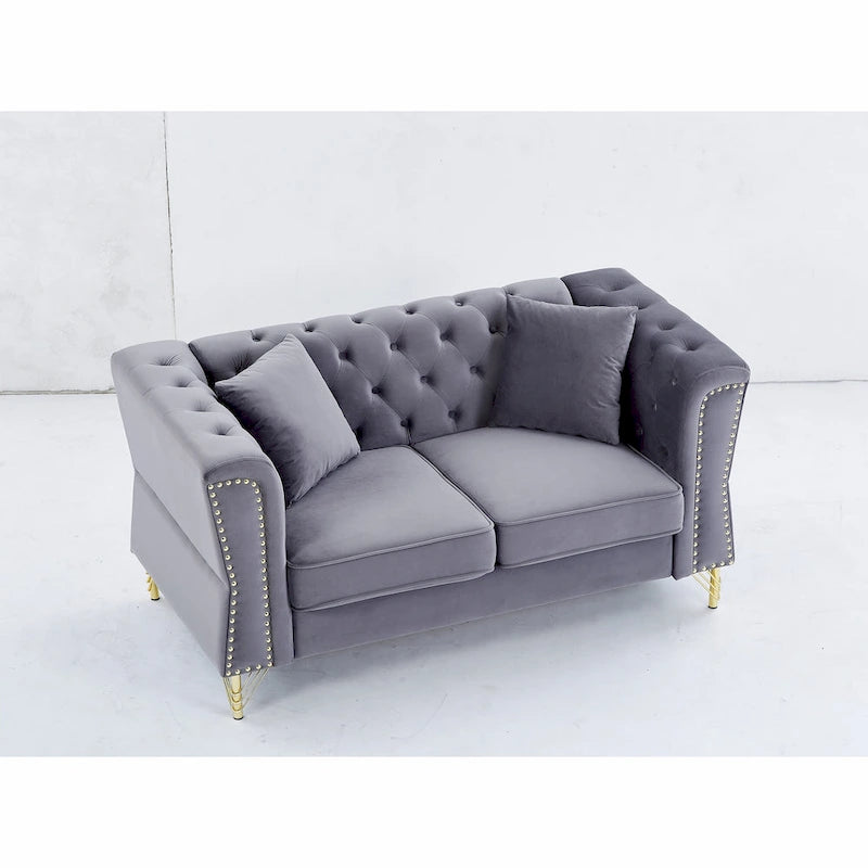 Causeuse Chesterfield en velours avec capitonnage, garniture cloutée et coussins à ressorts