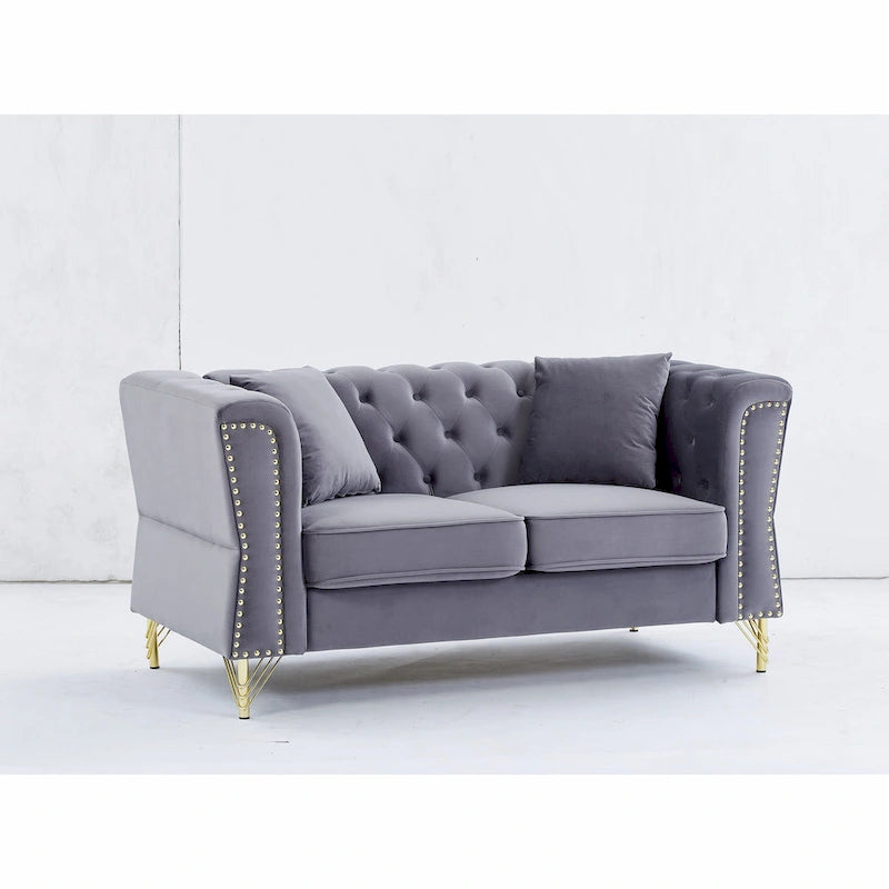 Causeuse Chesterfield en velours avec capitonnage, garniture cloutée et coussins à ressorts