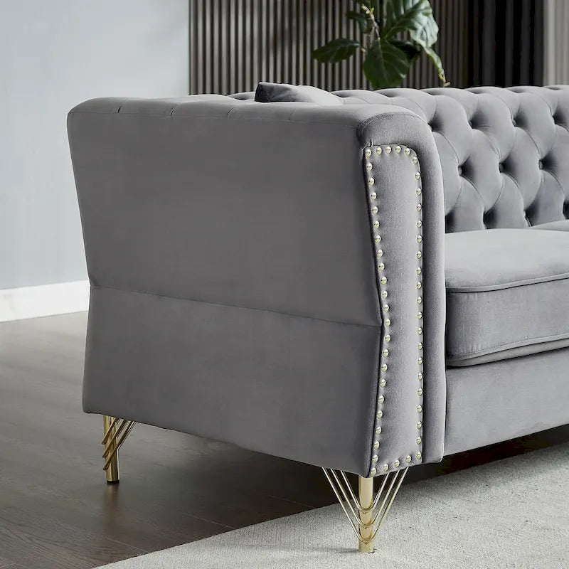 Causeuse Chesterfield en velours avec capitonnage, garniture cloutée et coussins à ressorts