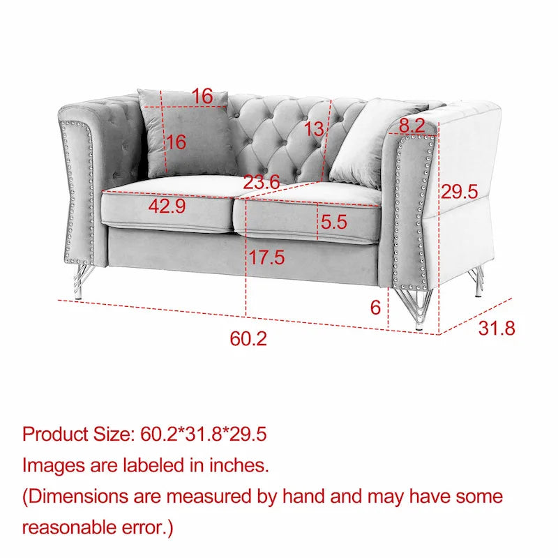 Causeuse Chesterfield en velours avec capitonnage, garniture cloutée et coussins à ressorts