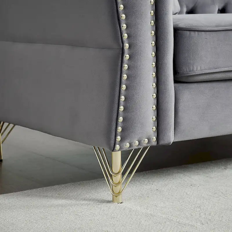 Causeuse Chesterfield en velours avec capitonnage, garniture cloutée et coussins à ressorts