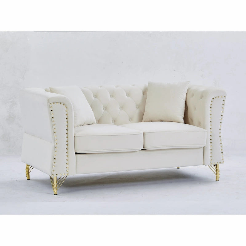 Causeuse Chesterfield en velours avec capitonnage, garniture cloutée et coussins à ressorts