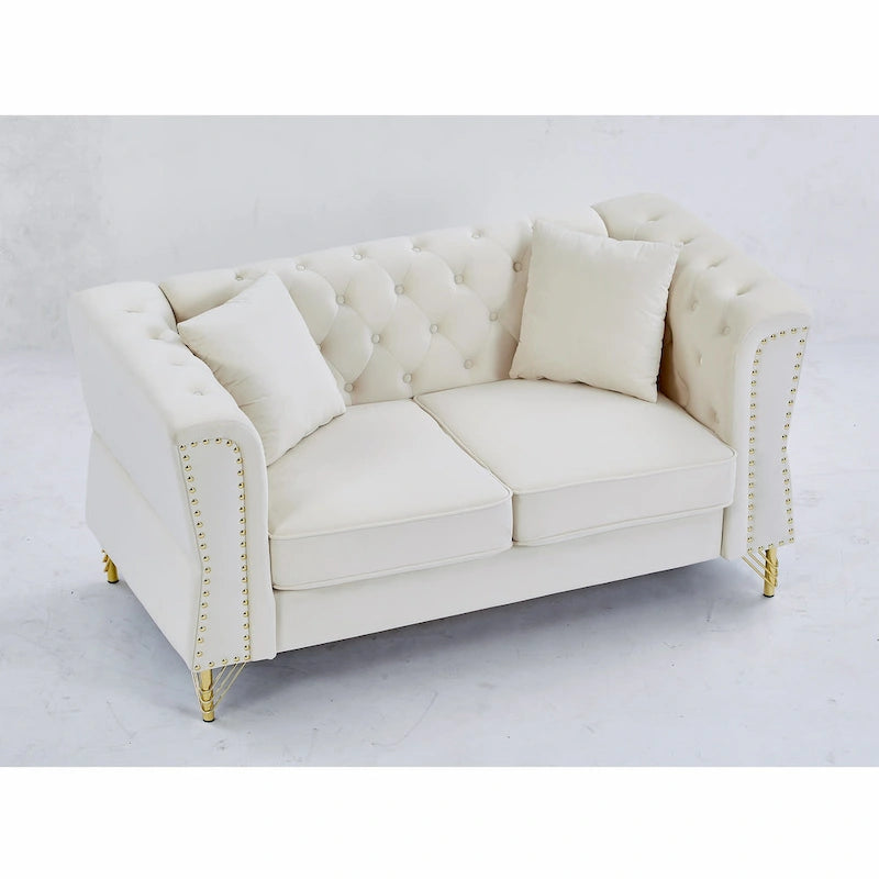 Causeuse Chesterfield en velours avec capitonnage, garniture cloutée et coussins à ressorts