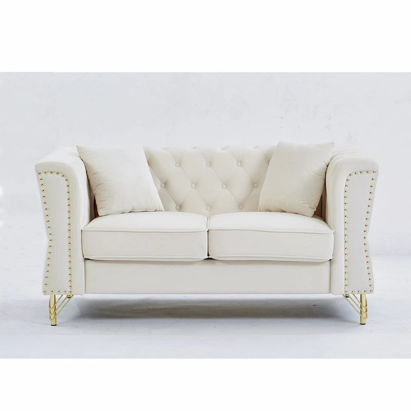 Causeuse Chesterfield en velours avec capitonnage, garniture cloutée et coussins à ressorts