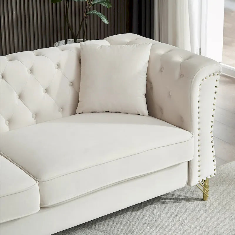Causeuse Chesterfield en velours avec capitonnage, garniture cloutée et coussins à ressorts
