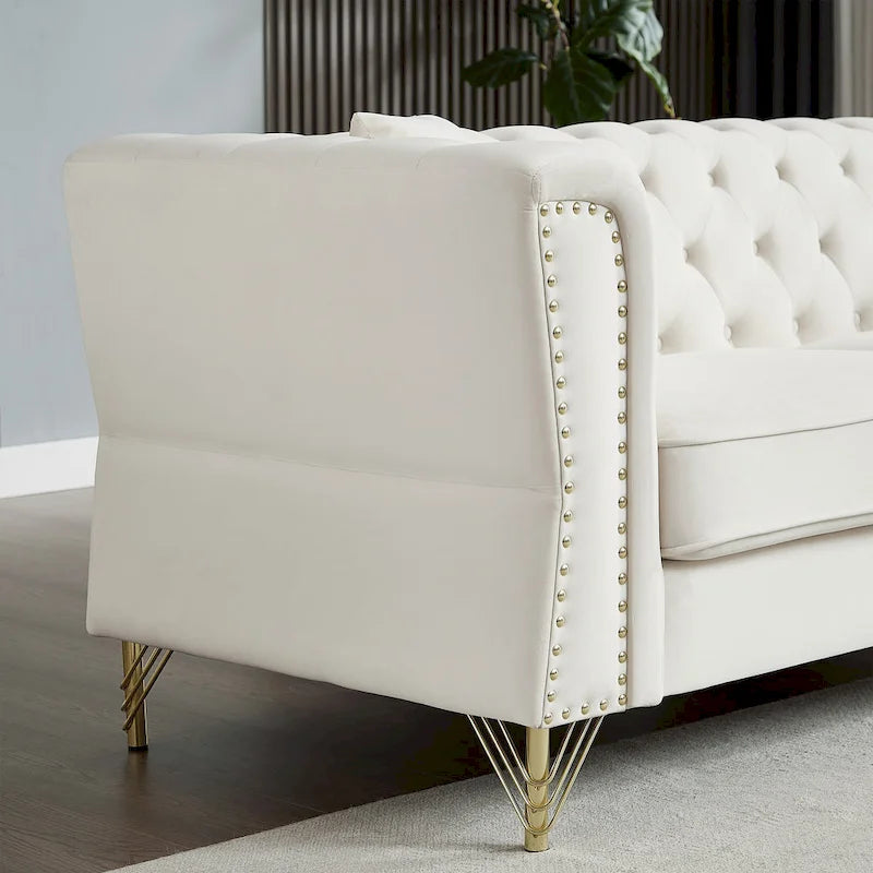 Causeuse Chesterfield en velours avec capitonnage, garniture cloutée et coussins à ressorts