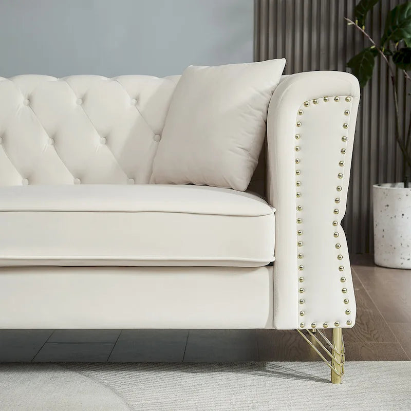 Causeuse Chesterfield en velours avec capitonnage, garniture cloutée et coussins à ressorts