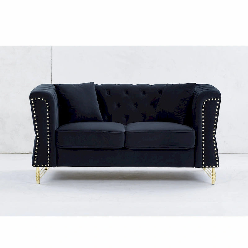 Causeuse Chesterfield en velours avec capitonnage, garniture cloutée et coussins à ressorts