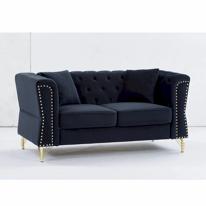Causeuse Chesterfield en velours avec capitonnage, garniture cloutée et coussins à ressorts