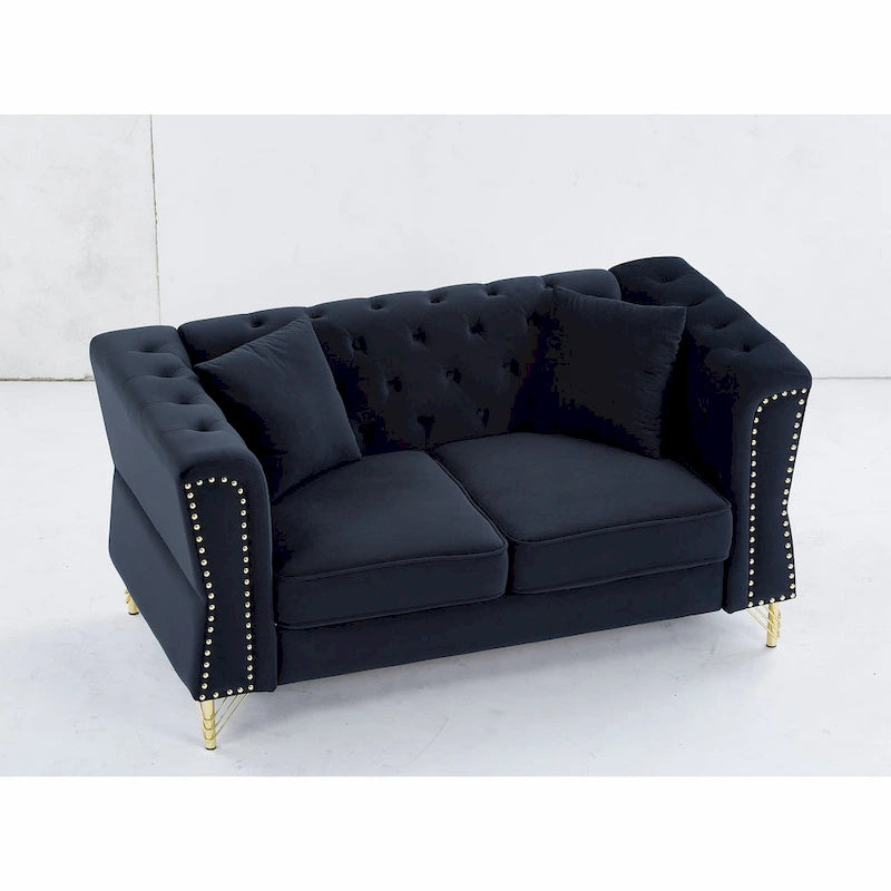 Causeuse Chesterfield en velours avec capitonnage, garniture cloutée et coussins à ressorts