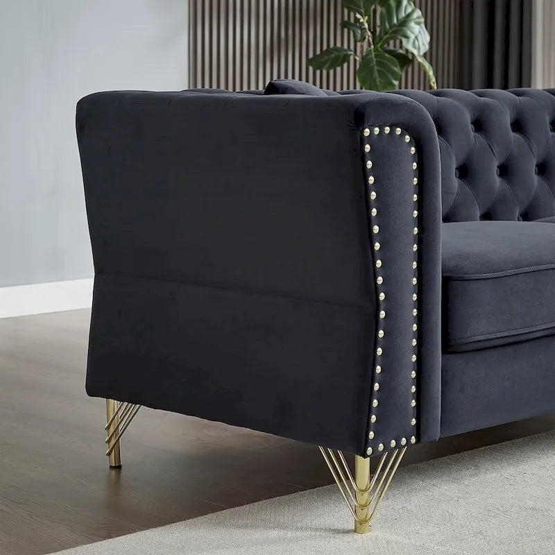 Causeuse Chesterfield en velours avec capitonnage, garniture cloutée et coussins à ressorts