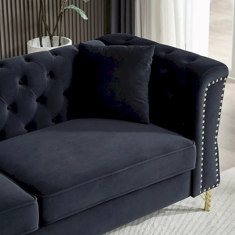 Causeuse Chesterfield en velours avec capitonnage, garniture cloutée et coussins à ressorts