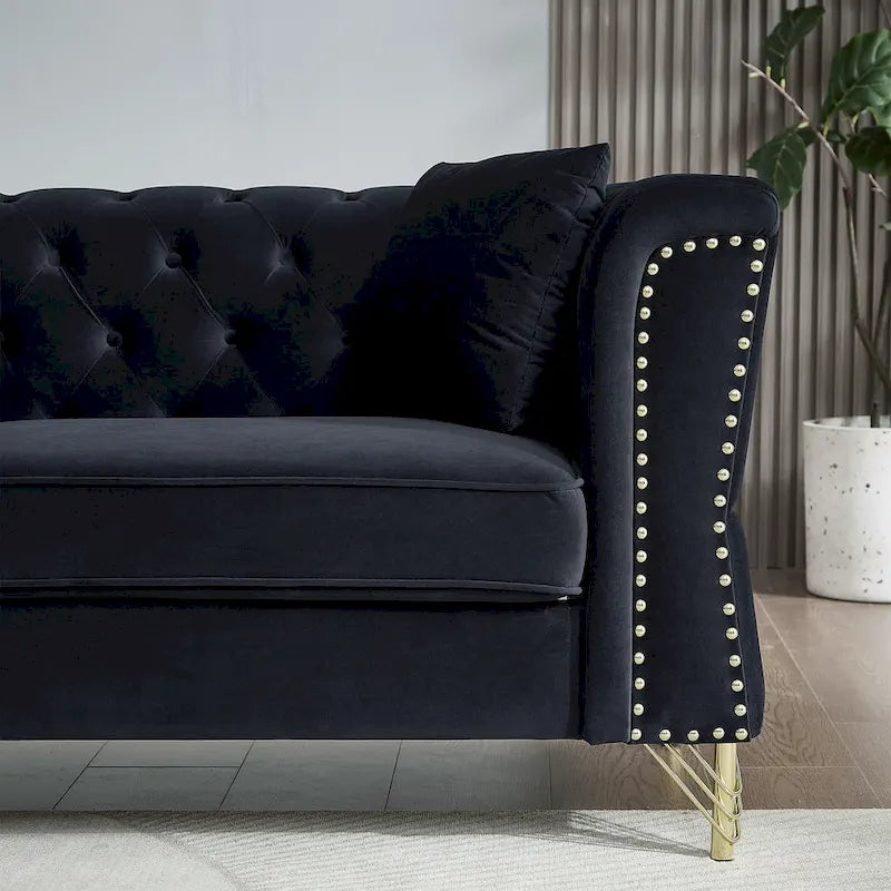 Causeuse Chesterfield en velours avec capitonnage, garniture cloutée et coussins à ressorts
