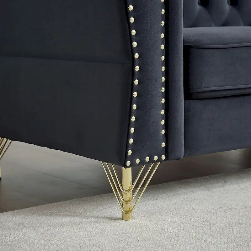 Causeuse Chesterfield en velours avec capitonnage, garniture cloutée et coussins à ressorts
