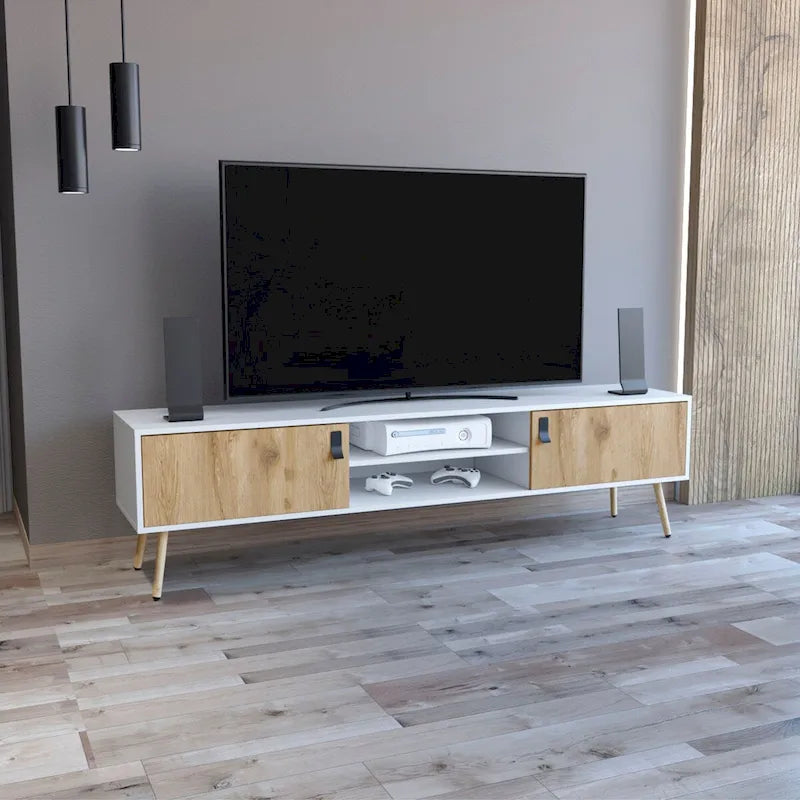 Meuble TV bicolore avec placards à charnières, étagères ouvertes et gestion des câbles