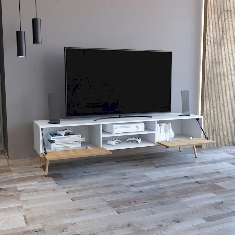 Meuble TV bicolore avec placards à charnières, étagères ouvertes et gestion des câbles