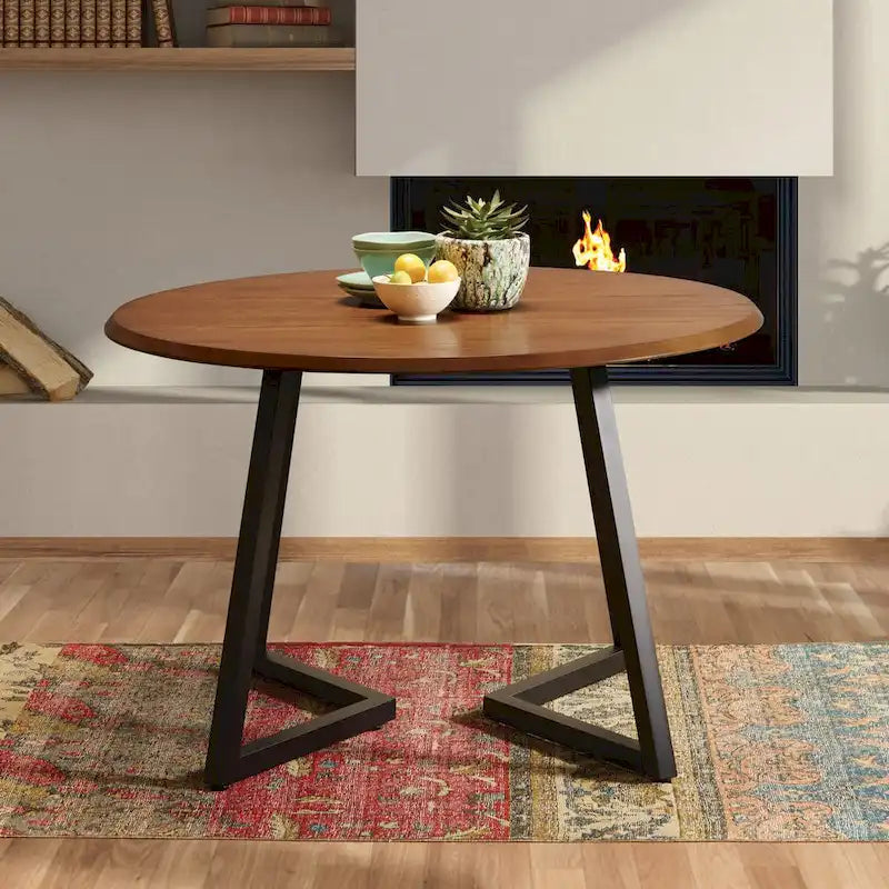 Table à manger ronde Mid-Century Modern avec base en croix en métal noir mat