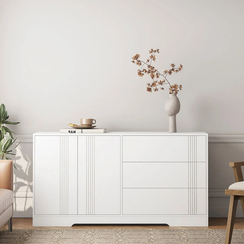 Buffet multifonctionnel avec 3 tiroirs, rangement à double porte et étagères réglables