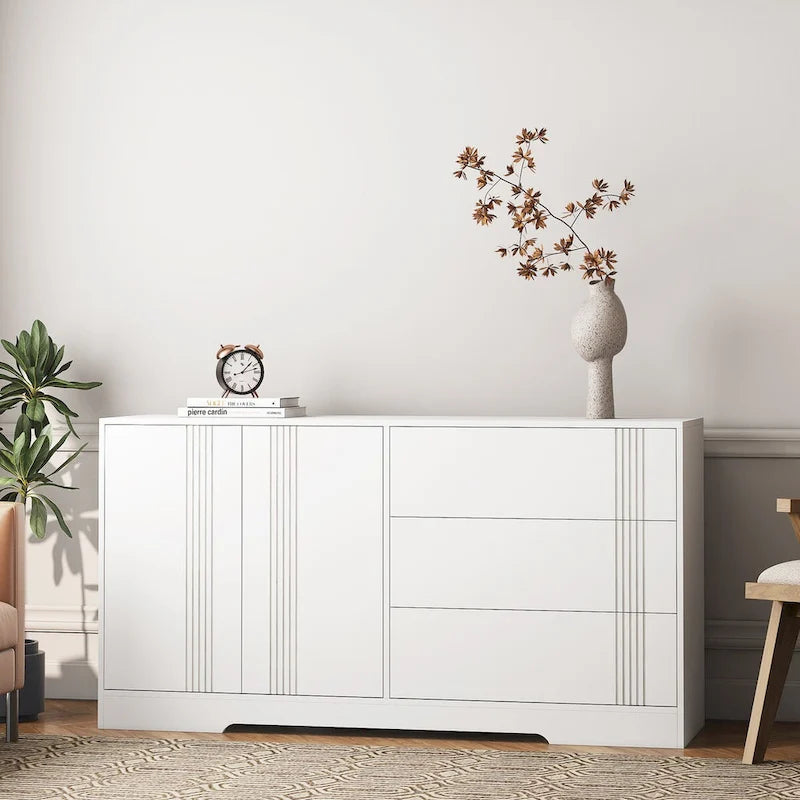 Buffet multifonctionnel avec 3 tiroirs, rangement à double porte et étagères réglables