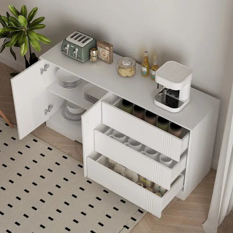 Buffet multifonctionnel avec 3 tiroirs, rangement à double porte et étagères réglables