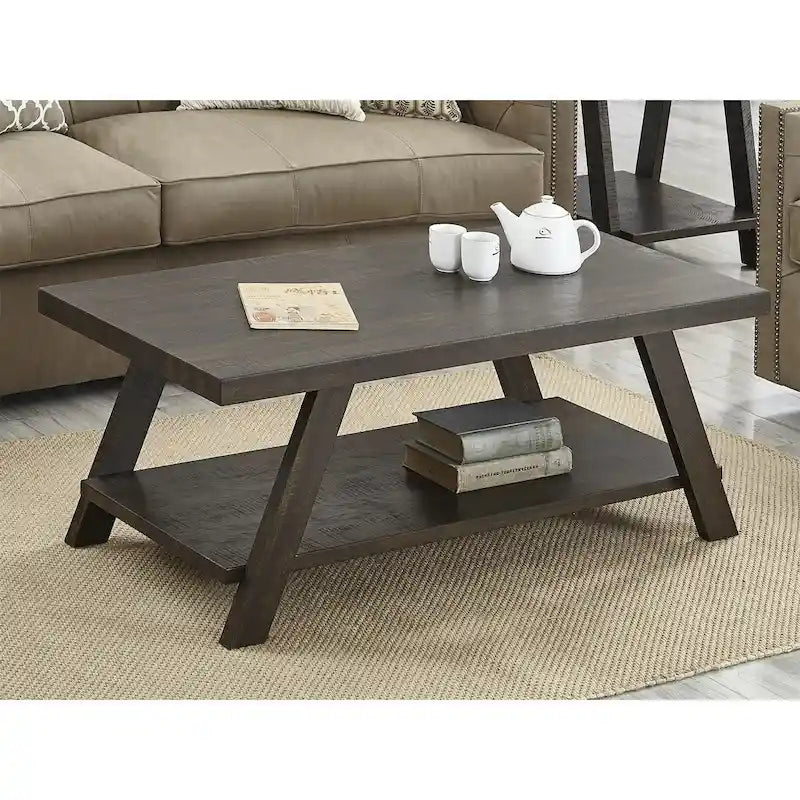 Table basse rectangulaire moderne et large avec pieds évasés et étagère de rangement inférieure