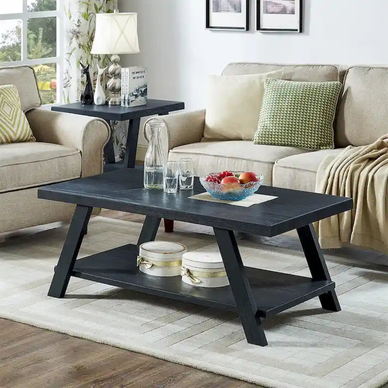 Table basse rectangulaire moderne et large avec pieds évasés et étagère de rangement inférieure