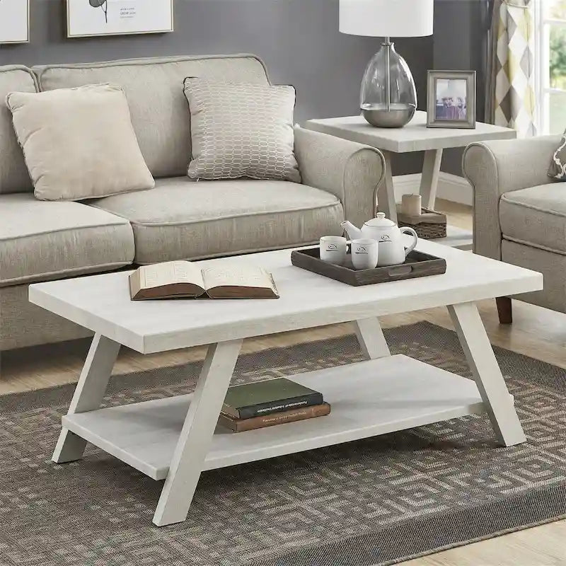 Table basse rectangulaire moderne et large avec pieds évasés et étagère de rangement inférieure