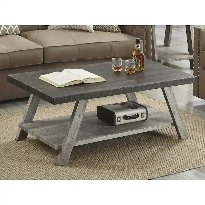 Table basse rectangulaire moderne et large avec pieds évasés et étagère de rangement inférieure