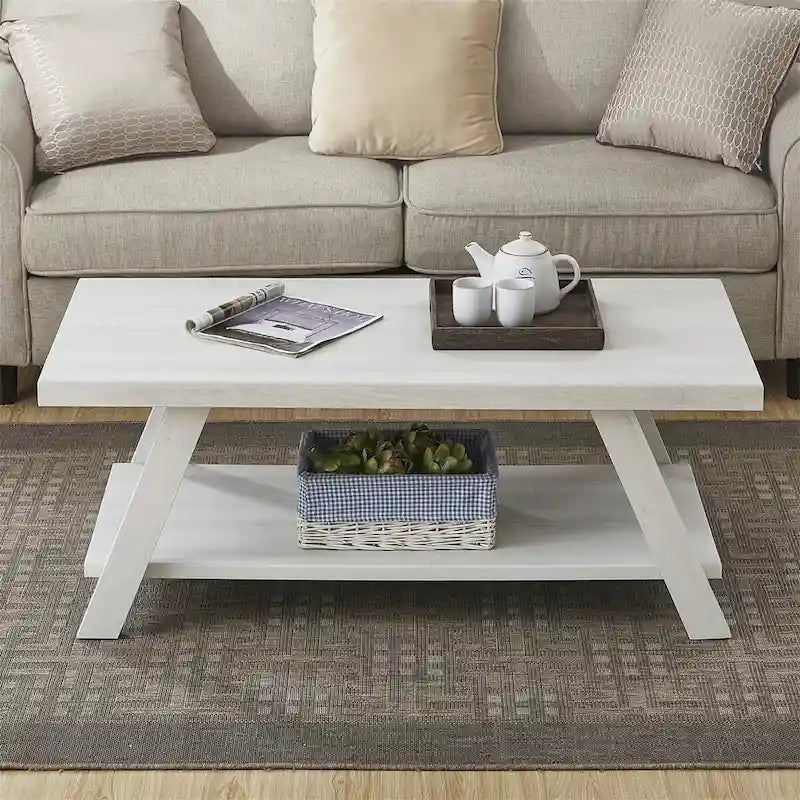 Table basse rectangulaire moderne et large avec pieds évasés et étagère de rangement inférieure