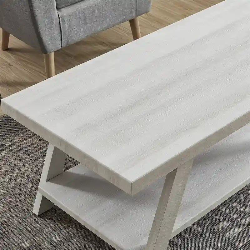 Table basse rectangulaire moderne et large avec pieds évasés et étagère de rangement inférieure