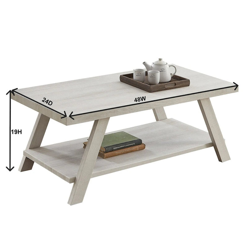 Table basse rectangulaire moderne et large avec pieds évasés et étagère de rangement inférieure