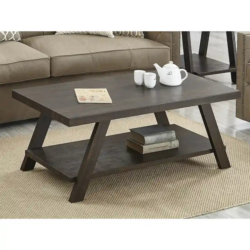 Table basse rectangulaire moderne et large avec pieds évasés et étagère de rangement inférieure