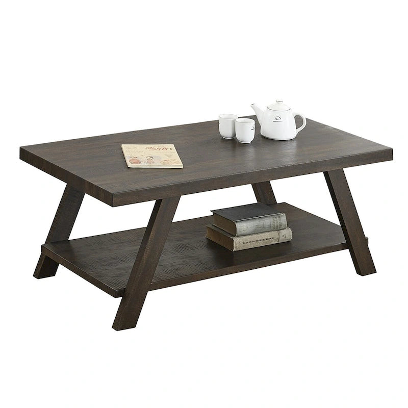 Table basse rectangulaire moderne et large avec pieds évasés et étagère de rangement inférieure