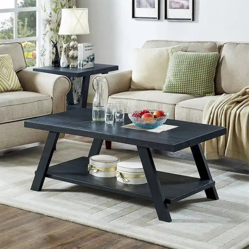 Table basse rectangulaire moderne et large avec pieds évasés et étagère de rangement inférieure