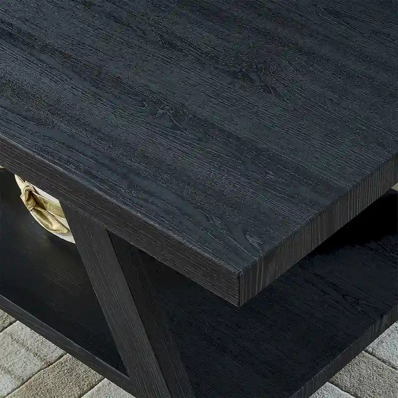 Table basse rectangulaire moderne et large avec pieds évasés et étagère de rangement inférieure