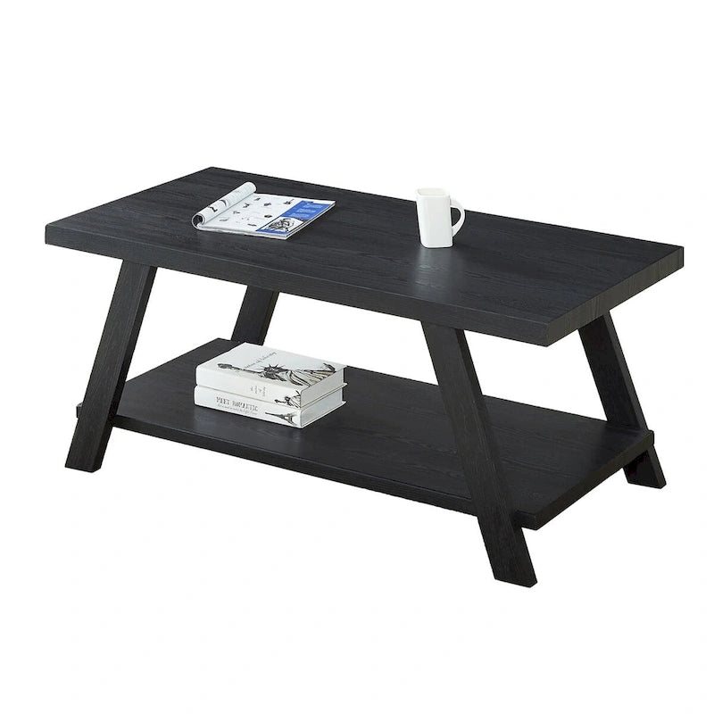 Table basse rectangulaire moderne et large avec pieds évasés et étagère de rangement inférieure