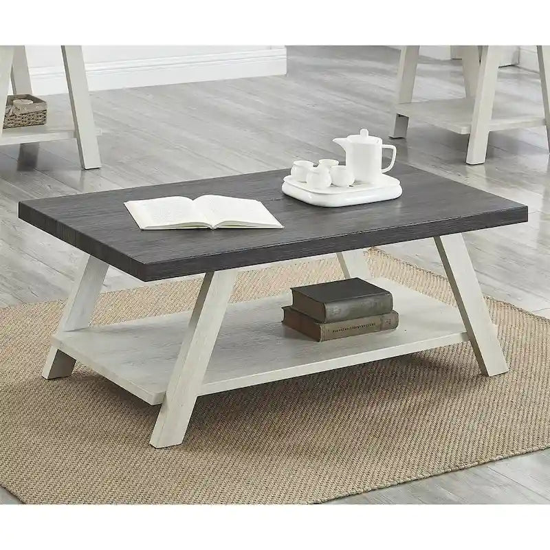 Table basse rectangulaire moderne et large avec pieds évasés et étagère de rangement inférieure