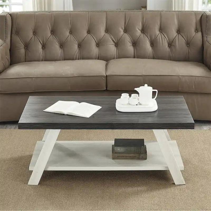 Table basse rectangulaire moderne et large avec pieds évasés et étagère de rangement inférieure