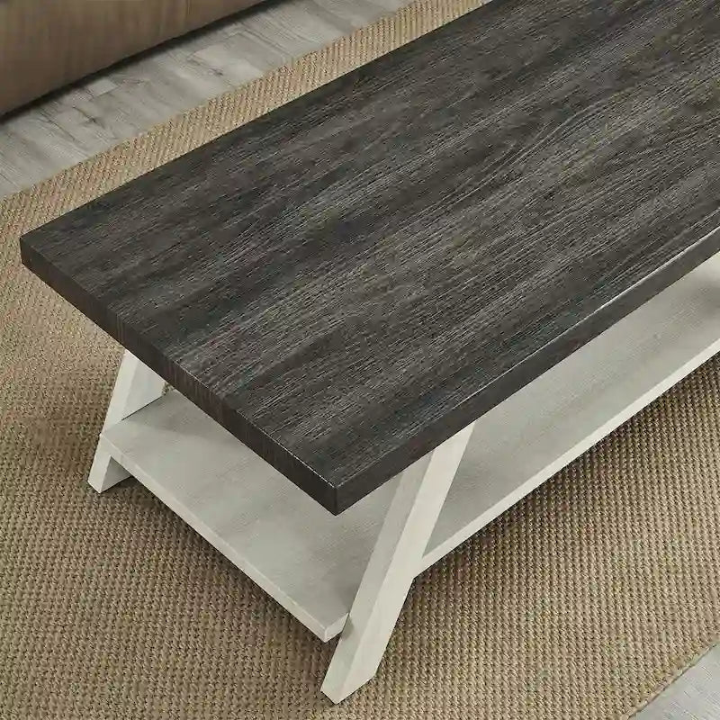 Table basse rectangulaire moderne et large avec pieds évasés et étagère de rangement inférieure