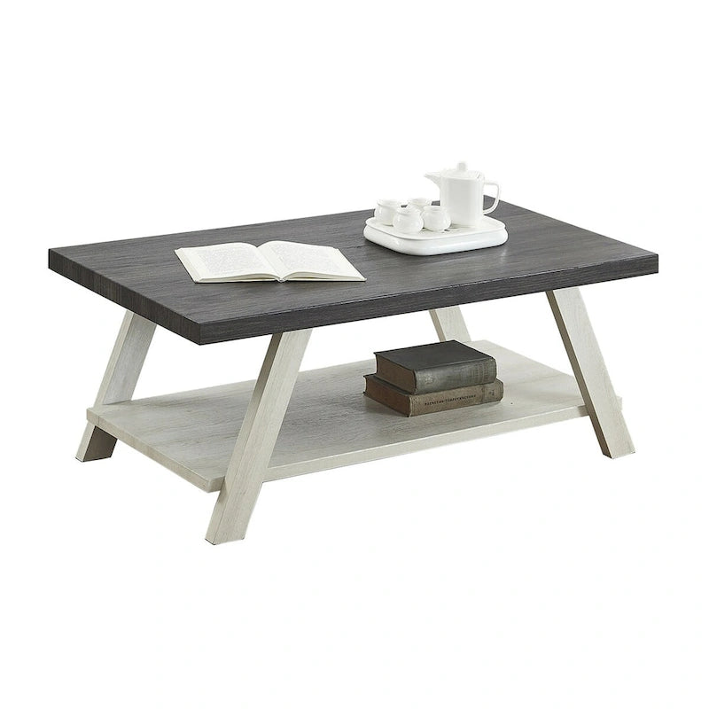 Table basse rectangulaire moderne et large avec pieds évasés et étagère de rangement inférieure