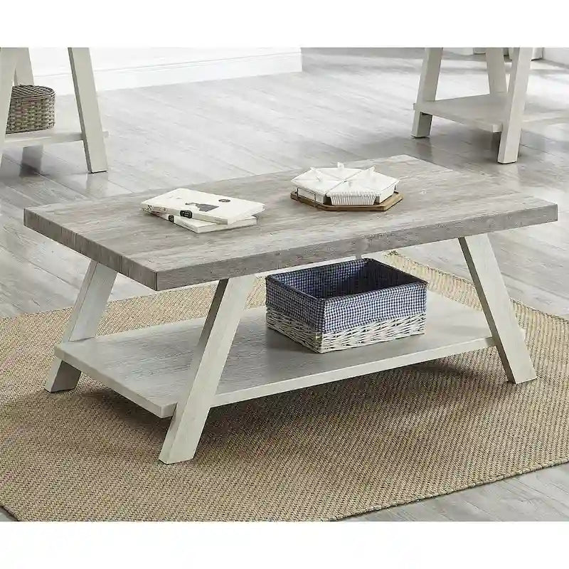 Table basse rectangulaire moderne et large avec pieds évasés et étagère de rangement inférieure