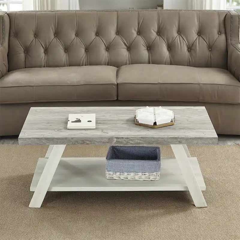 Table basse rectangulaire moderne et large avec pieds évasés et étagère de rangement inférieure
