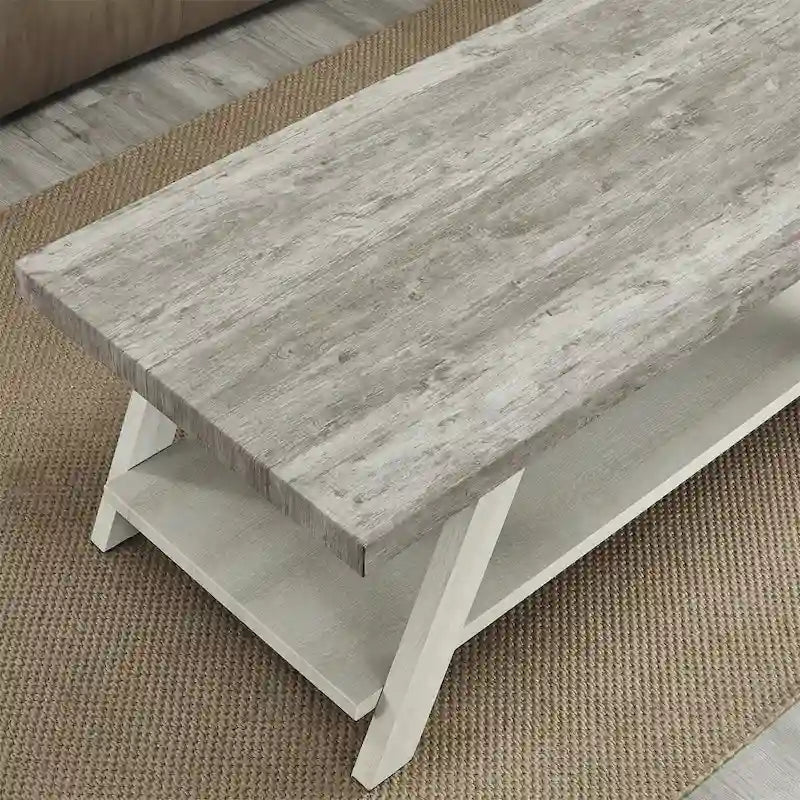 Table basse rectangulaire moderne et large avec pieds évasés et étagère de rangement inférieure
