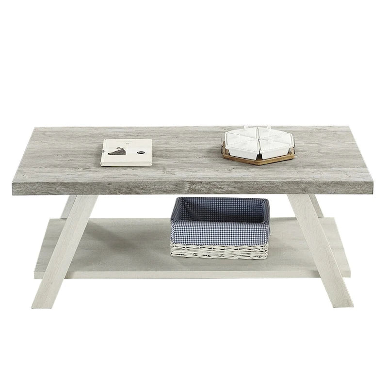 Table basse rectangulaire moderne et large avec pieds évasés et étagère de rangement inférieure