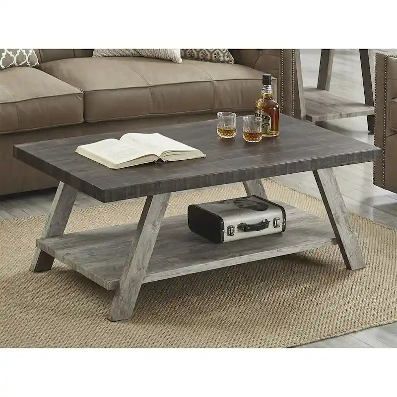 Table basse rectangulaire moderne et large avec pieds évasés et étagère de rangement inférieure