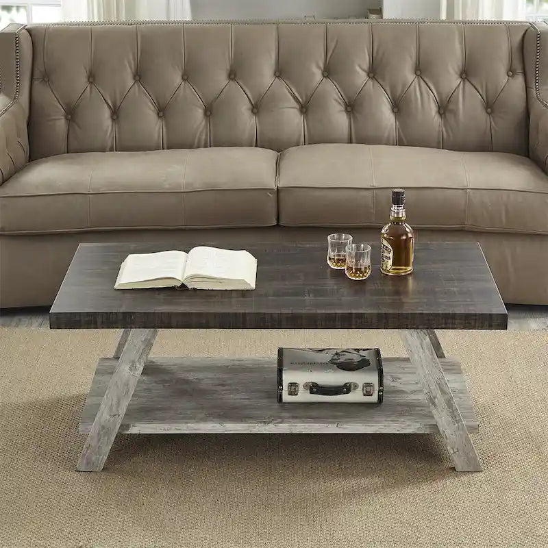 Table basse rectangulaire moderne et large avec pieds évasés et étagère de rangement inférieure