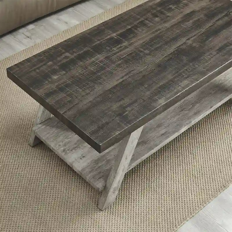 Table basse rectangulaire moderne et large avec pieds évasés et étagère de rangement inférieure