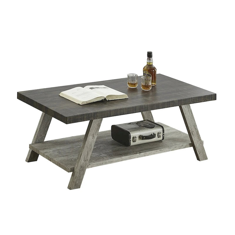 Table basse rectangulaire moderne et large avec pieds évasés et étagère de rangement inférieure