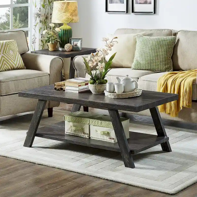 Table basse rectangulaire moderne et large avec pieds évasés et étagère de rangement inférieure