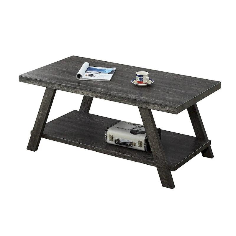 Table basse rectangulaire moderne et large avec pieds évasés et étagère de rangement inférieure